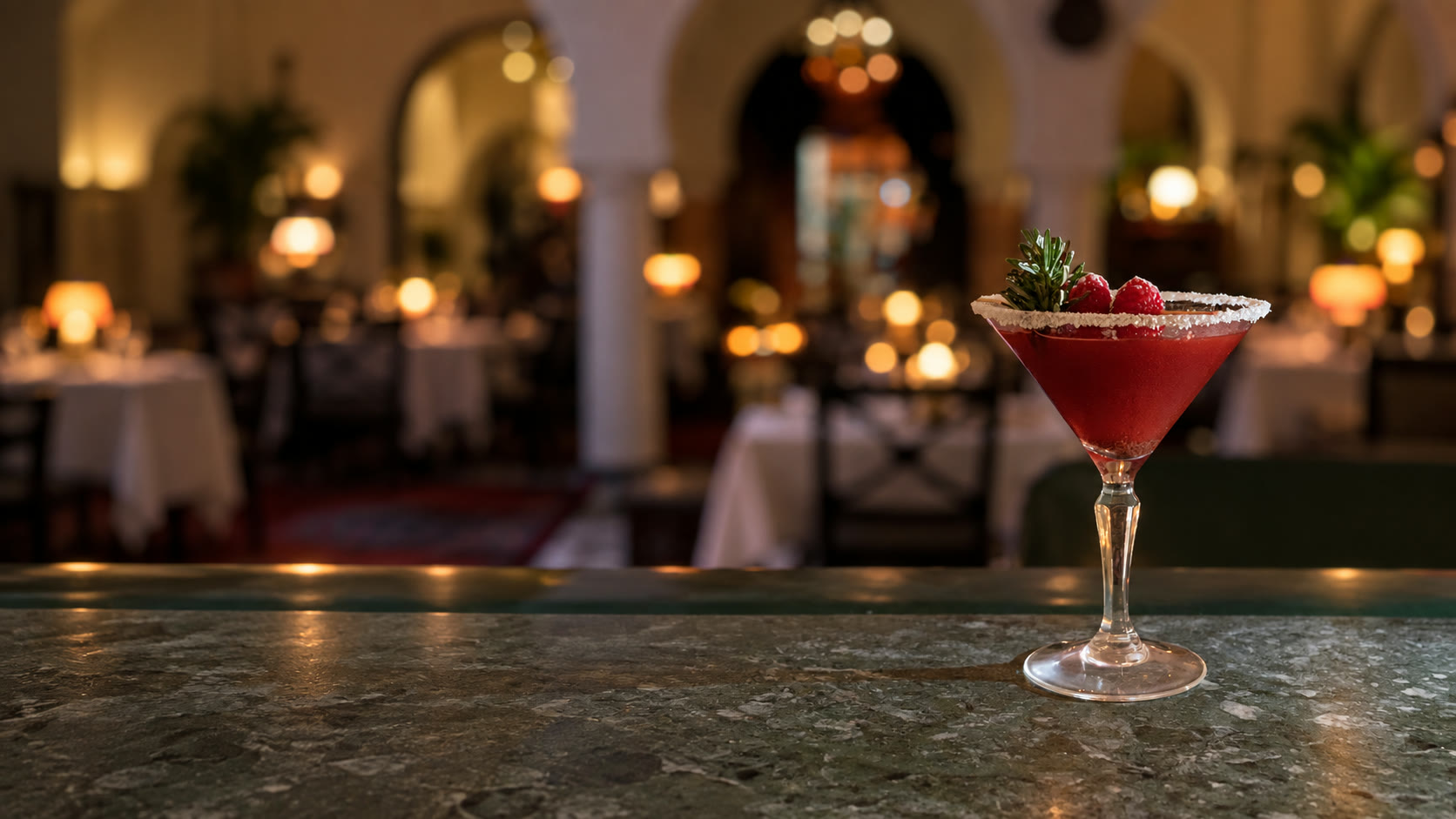 A raspberry cocktail on the bar at Rick’s Café Casablanca